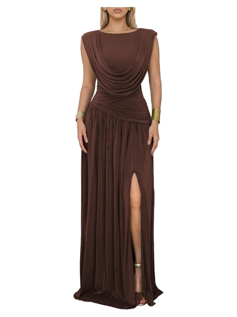 Sleeveless Slit Maxi Dress 2-Way Cowl Neck Bodycon